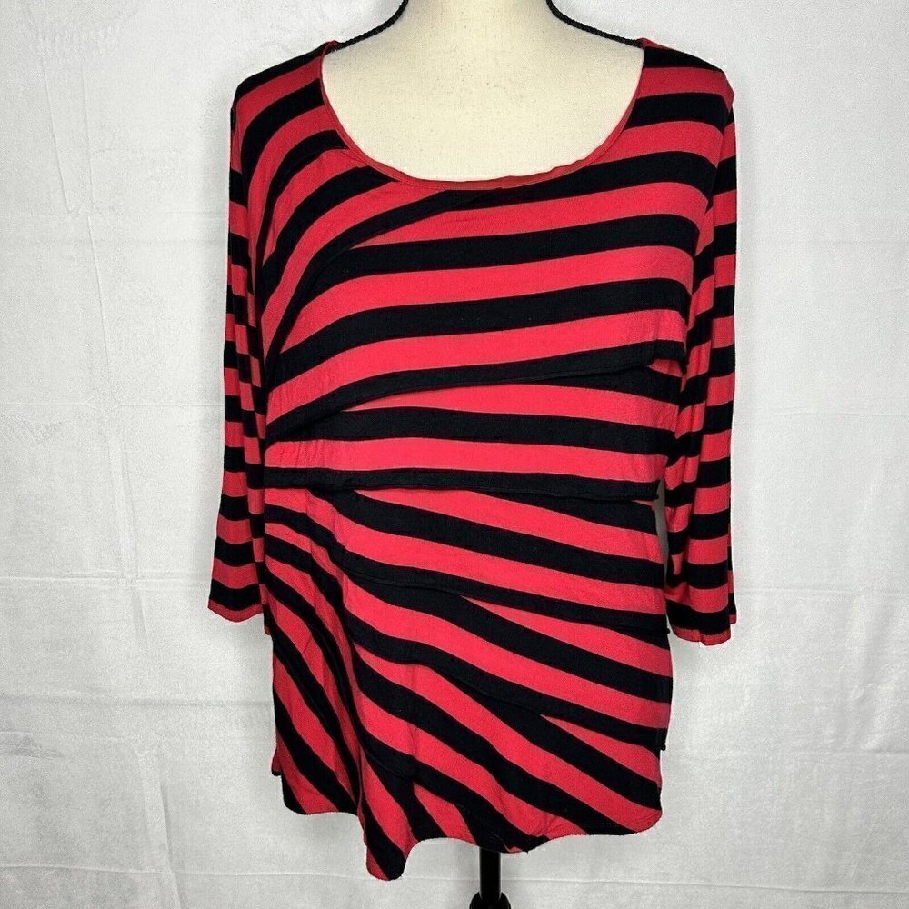 Dana Buchman Tiered Red Black 3/4 Sleeves Top Blouse Sz XL Stretch